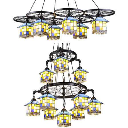 Black Finish Colorful House Pendant Lamp with Wheel 6/10 Lights Tiffany Creative Glass Chandelier for Villa Clearhalo 'Ceiling Lights' 'Industrial' 'Middle Century Pendants' 'Pendant Lights' 'Pendants' 'Tiffany close to ceiling' 'Tiffany Pendants' 'Tiffany' Lighting' 59963