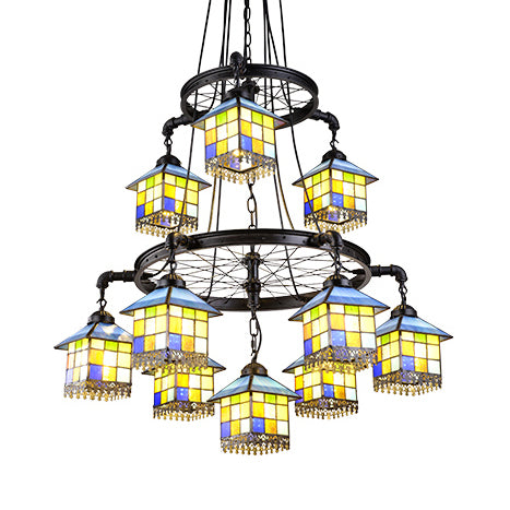 Black Finish Colorful House Pendant Lamp with Wheel 6/10 Lights Tiffany Creative Glass Chandelier for Villa 10 Black Clearhalo 'Ceiling Lights' 'Industrial' 'Middle Century Pendants' 'Pendant Lights' 'Pendants' 'Tiffany close to ceiling' 'Tiffany Pendants' 'Tiffany' Lighting' 59964