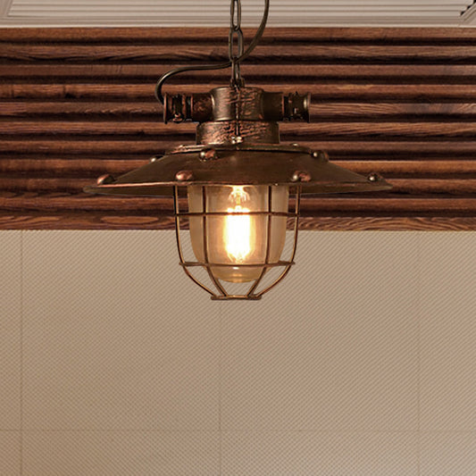 1 Light Ceiling Light Industrial Cone Clear Glass Pendant Lighting Fixture in Rust with Cage Clearhalo 'Ceiling Lights' 'Glass shade' 'Glass' 'Industrial Pendants' 'Industrial' 'Middle Century Pendants' 'Pendant Lights' 'Pendants' 'Tiffany' Lighting' 599651