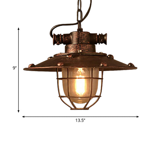 1 Light Ceiling Light Industrial Cone Clear Glass Pendant Lighting Fixture in Rust with Cage Clearhalo 'Ceiling Lights' 'Glass shade' 'Glass' 'Industrial Pendants' 'Industrial' 'Middle Century Pendants' 'Pendant Lights' 'Pendants' 'Tiffany' Lighting' 599654