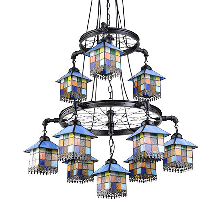 Black Finish Colorful House Pendant Lamp with Wheel 6/10 Lights Tiffany Creative Glass Chandelier for Villa Clearhalo 'Ceiling Lights' 'Industrial' 'Middle Century Pendants' 'Pendant Lights' 'Pendants' 'Tiffany close to ceiling' 'Tiffany Pendants' 'Tiffany' Lighting' 59965