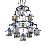 Black Finish Colorful House Pendant Lamp with Wheel 6/10 Lights Tiffany Creative Glass Chandelier for Villa Clearhalo 'Ceiling Lights' 'Industrial' 'Middle Century Pendants' 'Pendant Lights' 'Pendants' 'Tiffany close to ceiling' 'Tiffany Pendants' 'Tiffany' Lighting' 59965