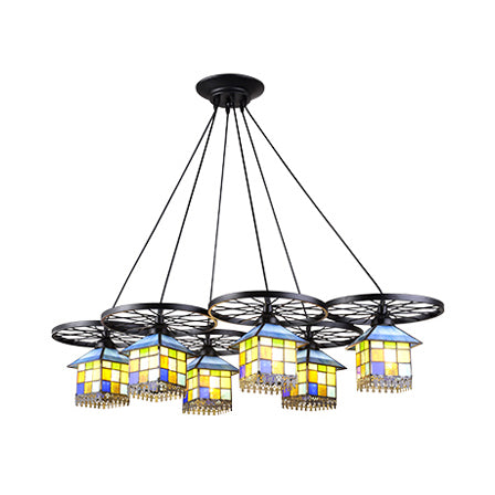Black Finish Colorful House Pendant Lamp with Wheel 6/10 Lights Tiffany Creative Glass Chandelier for Villa 6 Black Clearhalo 'Ceiling Lights' 'Industrial' 'Middle Century Pendants' 'Pendant Lights' 'Pendants' 'Tiffany close to ceiling' 'Tiffany Pendants' 'Tiffany' Lighting' 59966