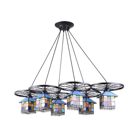 Black Finish Colorful House Pendant Lamp with Wheel 6/10 Lights Tiffany Creative Glass Chandelier for Villa Clearhalo 'Ceiling Lights' 'Industrial' 'Middle Century Pendants' 'Pendant Lights' 'Pendants' 'Tiffany close to ceiling' 'Tiffany Pendants' 'Tiffany' Lighting' 59967
