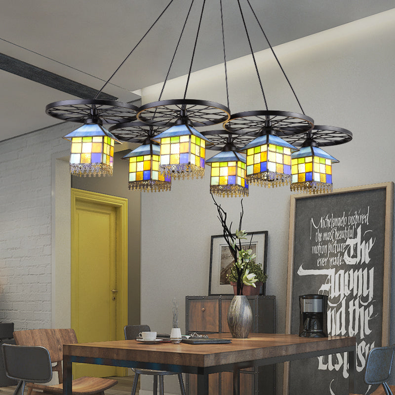 Black Finish Colorful House Pendant Lamp with Wheel 6/10 Lights Tiffany Creative Glass Chandelier for Villa Clearhalo 'Ceiling Lights' 'Industrial' 'Middle Century Pendants' 'Pendant Lights' 'Pendants' 'Tiffany close to ceiling' 'Tiffany Pendants' 'Tiffany' Lighting' 59968
