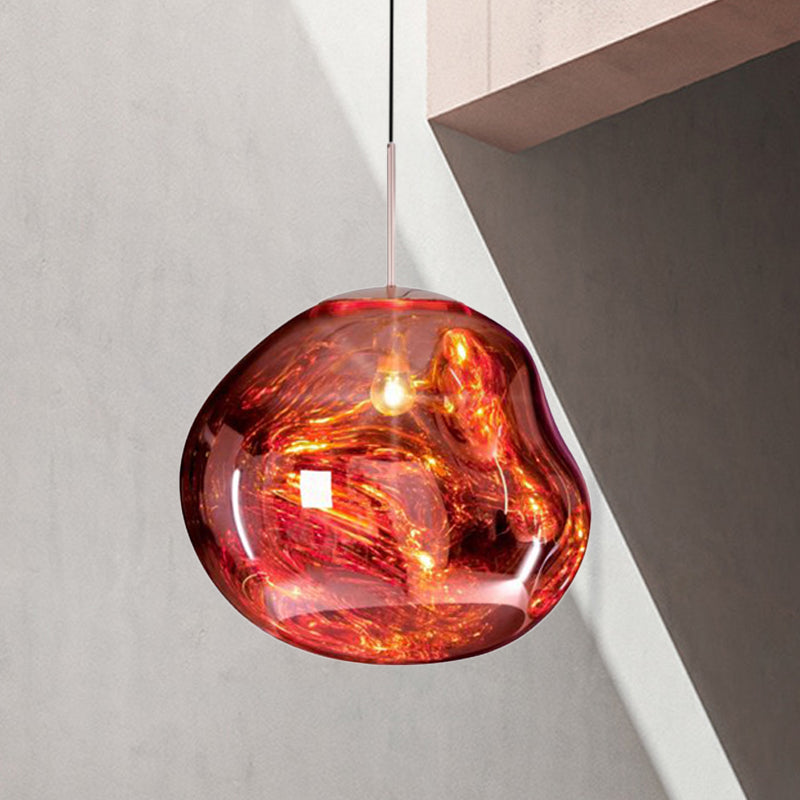 Contemporary Irregular Pendant Lighting Silver/Red Glass 1 Light Dining Room Hanging Lamp, 8"/12" Wide Red Clearhalo 'Ceiling Lights' 'Glass shade' 'Glass' 'Modern Pendants' 'Modern' 'Pendant Lights' 'Pendants' Lighting' 599747