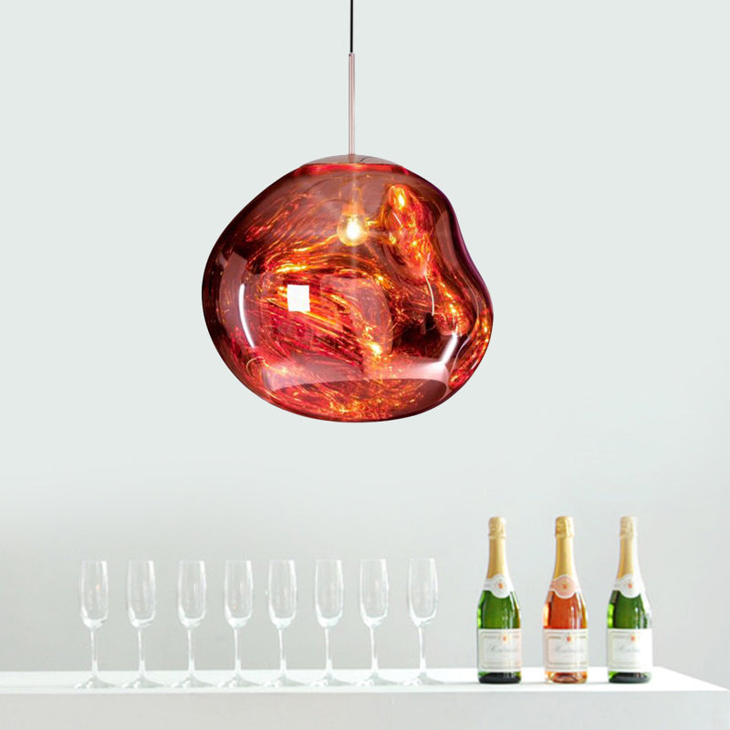 Contemporary Irregular Pendant Lighting Silver/Red Glass 1 Light Dining Room Hanging Lamp, 8"/12" Wide Clearhalo 'Ceiling Lights' 'Glass shade' 'Glass' 'Modern Pendants' 'Modern' 'Pendant Lights' 'Pendants' Lighting' 599748