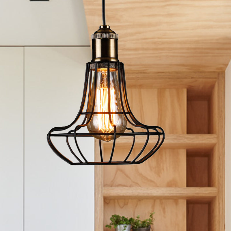 1 Head Vase Cage Shade Ceiling Light Fixture Antique Style Black Finish Metallic Pendant Lamp for Bar, 6"/7.5" Width Black 7.5" Clearhalo 'Ceiling Lights' 'Modern Pendants' 'Modern' 'Pendant Lights' 'Pendants' Lighting' 599830