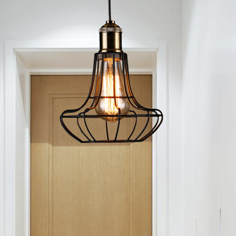 1 Head Vase Cage Shade Ceiling Light Fixture Antique Style Black Finish Metallic Pendant Lamp for Bar, 6"/7.5" Width Clearhalo 'Ceiling Lights' 'Modern Pendants' 'Modern' 'Pendant Lights' 'Pendants' Lighting' 599831