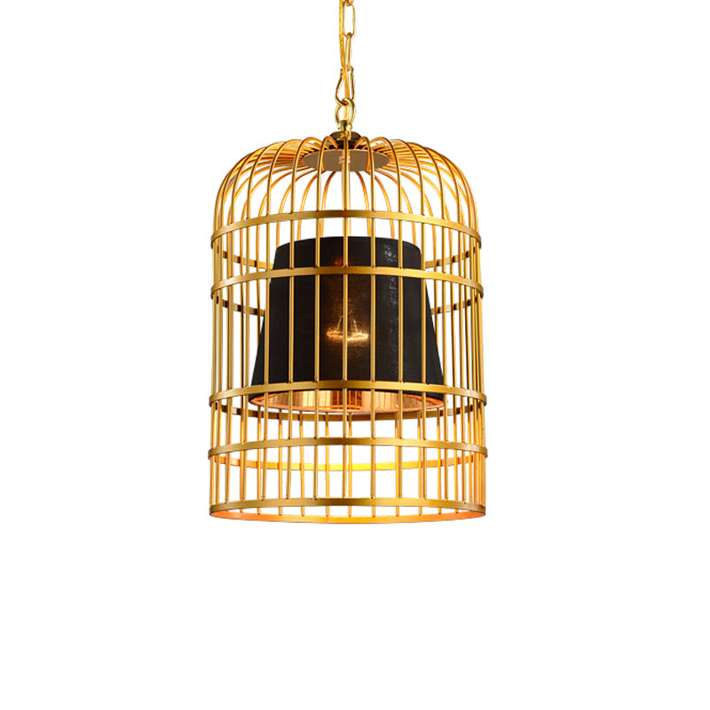 Bird Cage Dining Room Pendant Light Vintage Metal 1 Light Red/White Hanging Lamp with Tapered Fabric Shade Clearhalo 'Art Deco Pendants' 'Black' 'Cast Iron' 'Ceiling Lights' 'Ceramic' 'Crystal' 'Industrial Pendants' 'Industrial' 'Metal' 'Middle Century Pendants' 'Pendant Lights' 'Pendants' 'Rustic Pendants' 'Tiffany' Lighting' 599920