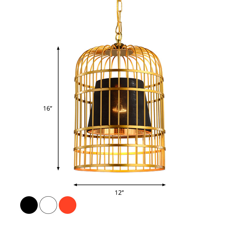 Bird Cage Dining Room Pendant Light Vintage Metal 1 Light Red/White Hanging Lamp with Tapered Fabric Shade Clearhalo 'Art Deco Pendants' 'Black' 'Cast Iron' 'Ceiling Lights' 'Ceramic' 'Crystal' 'Industrial Pendants' 'Industrial' 'Metal' 'Middle Century Pendants' 'Pendant Lights' 'Pendants' 'Rustic Pendants' 'Tiffany' Lighting' 599921
