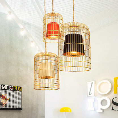 Bird Cage Dining Room Pendant Light Vintage Metal 1 Light Red/White Hanging Lamp with Tapered Fabric Shade Red Clearhalo 'Art Deco Pendants' 'Black' 'Cast Iron' 'Ceiling Lights' 'Ceramic' 'Crystal' 'Industrial Pendants' 'Industrial' 'Metal' 'Middle Century Pendants' 'Pendant Lights' 'Pendants' 'Rustic Pendants' 'Tiffany' Lighting' 599922