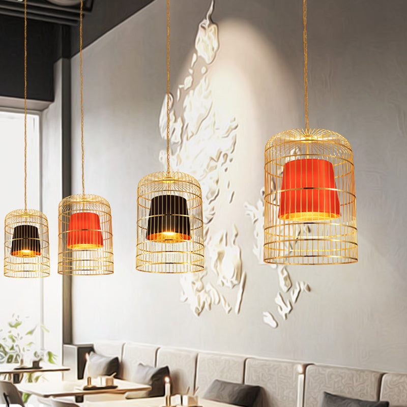 Bird Cage Dining Room Pendant Light Vintage Metal 1 Light Red/White Hanging Lamp with Tapered Fabric Shade Clearhalo 'Art Deco Pendants' 'Black' 'Cast Iron' 'Ceiling Lights' 'Ceramic' 'Crystal' 'Industrial Pendants' 'Industrial' 'Metal' 'Middle Century Pendants' 'Pendant Lights' 'Pendants' 'Rustic Pendants' 'Tiffany' Lighting' 599923