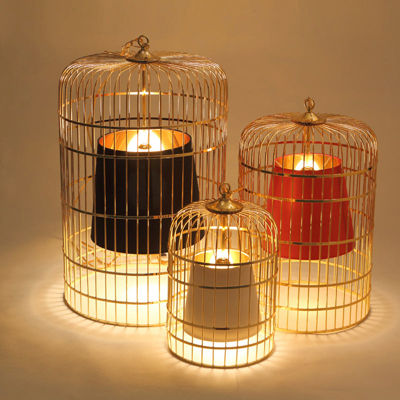 Bird Cage Dining Room Pendant Light Vintage Metal 1 Light Red/White Hanging Lamp with Tapered Fabric Shade Clearhalo 'Art Deco Pendants' 'Black' 'Cast Iron' 'Ceiling Lights' 'Ceramic' 'Crystal' 'Industrial Pendants' 'Industrial' 'Metal' 'Middle Century Pendants' 'Pendant Lights' 'Pendants' 'Rustic Pendants' 'Tiffany' Lighting' 599924