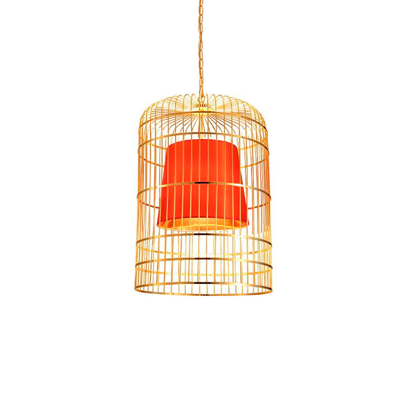 Bird Cage Dining Room Pendant Light Vintage Metal 1 Light Red/White Hanging Lamp with Tapered Fabric Shade Clearhalo 'Art Deco Pendants' 'Black' 'Cast Iron' 'Ceiling Lights' 'Ceramic' 'Crystal' 'Industrial Pendants' 'Industrial' 'Metal' 'Middle Century Pendants' 'Pendant Lights' 'Pendants' 'Rustic Pendants' 'Tiffany' Lighting' 599925