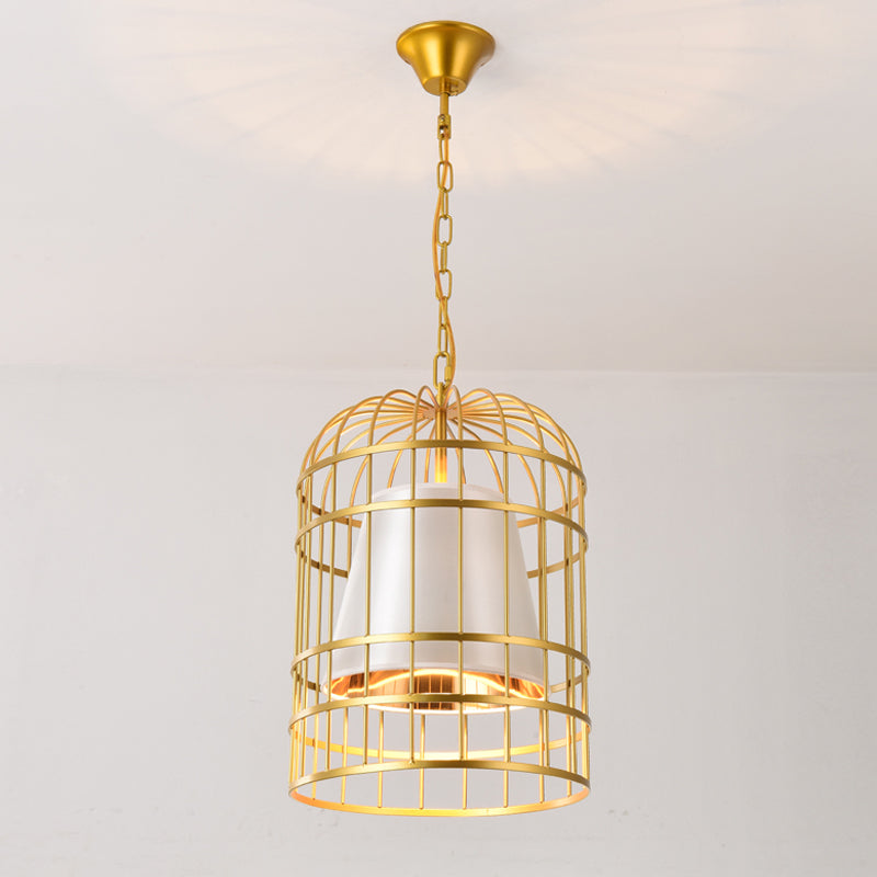 Bird Cage Dining Room Pendant Light Vintage Metal 1 Light Red/White Hanging Lamp with Tapered Fabric Shade White Clearhalo 'Art Deco Pendants' 'Black' 'Cast Iron' 'Ceiling Lights' 'Ceramic' 'Crystal' 'Industrial Pendants' 'Industrial' 'Metal' 'Middle Century Pendants' 'Pendant Lights' 'Pendants' 'Rustic Pendants' 'Tiffany' Lighting' 599926