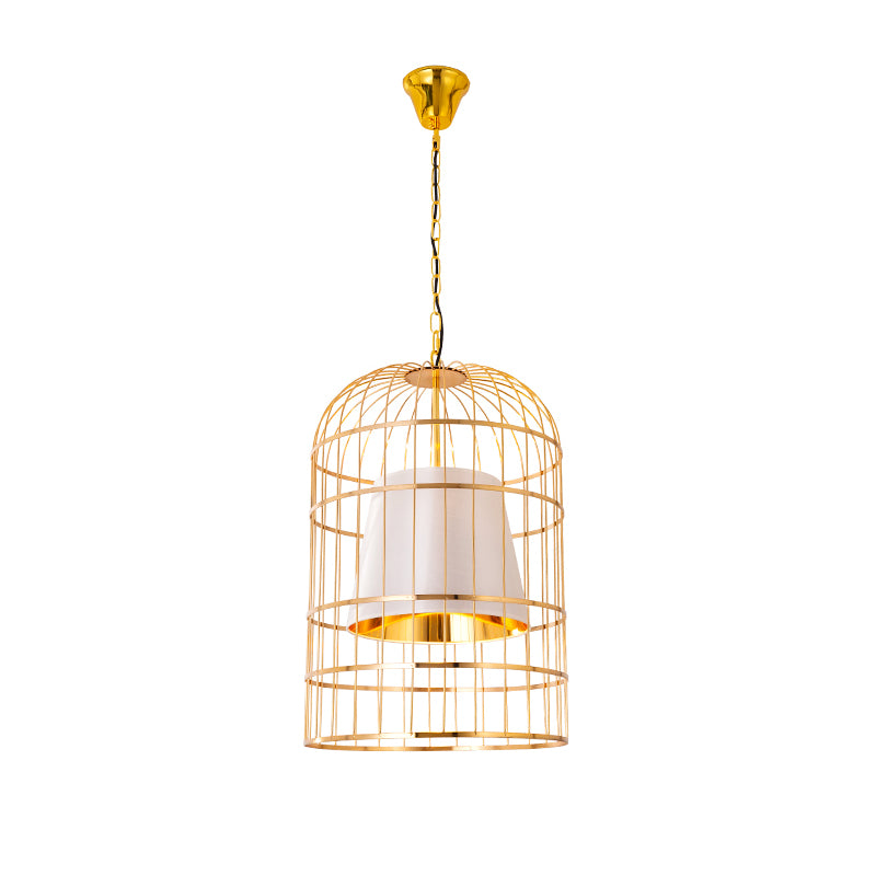 Bird Cage Dining Room Pendant Light Vintage Metal 1 Light Red/White Hanging Lamp with Tapered Fabric Shade Clearhalo 'Art Deco Pendants' 'Black' 'Cast Iron' 'Ceiling Lights' 'Ceramic' 'Crystal' 'Industrial Pendants' 'Industrial' 'Metal' 'Middle Century Pendants' 'Pendant Lights' 'Pendants' 'Rustic Pendants' 'Tiffany' Lighting' 599929