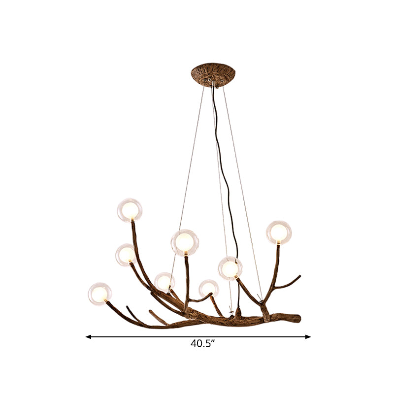 Wooden Branch Chandelier Lamp Lodge Style 8/12/16 Lights Brown Ceiling Light with Clear Glass Ball Shade, Warm/White Light Clearhalo 'Carpenter Chandeliers' 'Ceiling Lights' 'Chandeliers' 'Industrial' 'Modern Chandeliers' 'Modern' Lighting' 599974
