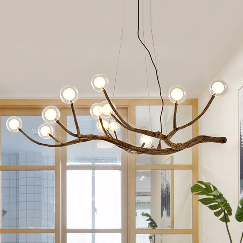 Wooden Branch Chandelier Lamp Lodge Style 8/12/16 Lights Brown Ceiling Light with Clear Glass Ball Shade, Warm/White Light 12 Wood Clearhalo 'Carpenter Chandeliers' 'Ceiling Lights' 'Chandeliers' 'Industrial' 'Modern Chandeliers' 'Modern' Lighting' 599975