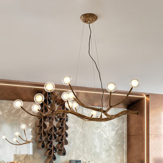 Wooden Branch Chandelier Lamp Lodge Style 8/12/16 Lights Brown Ceiling Light with Clear Glass Ball Shade, Warm/White Light Clearhalo 'Carpenter Chandeliers' 'Ceiling Lights' 'Chandeliers' 'Industrial' 'Modern Chandeliers' 'Modern' Lighting' 599976