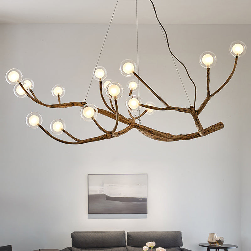 Wooden Branch Chandelier Lamp Lodge Style 8/12/16 Lights Brown Ceiling Light with Clear Glass Ball Shade, Warm/White Light 16 Wood Clearhalo 'Carpenter Chandeliers' 'Ceiling Lights' 'Chandeliers' 'Industrial' 'Modern Chandeliers' 'Modern' Lighting' 599980