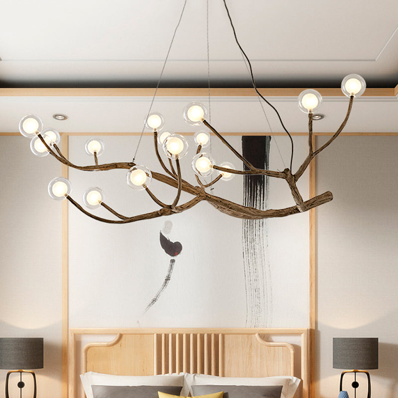 Wooden Branch Chandelier Lamp Lodge Style 8/12/16 Lights Brown Ceiling Light with Clear Glass Ball Shade, Warm/White Light Clearhalo 'Carpenter Chandeliers' 'Ceiling Lights' 'Chandeliers' 'Industrial' 'Modern Chandeliers' 'Modern' Lighting' 599981