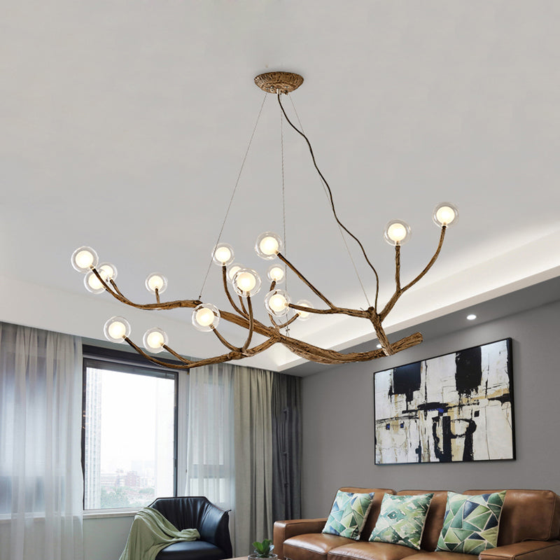 Wooden Branch Chandelier Lamp Lodge Style 8/12/16 Lights Brown Ceiling Light with Clear Glass Ball Shade, Warm/White Light Clearhalo 'Carpenter Chandeliers' 'Ceiling Lights' 'Chandeliers' 'Industrial' 'Modern Chandeliers' 'Modern' Lighting' 599982