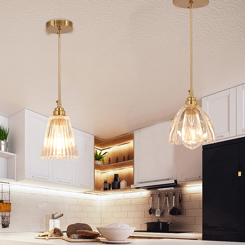 Flower Bud Shade Kitchen Bar Hanging Light Rural Clear Ridged Glass 1 Head Brass Suspension Pendant Clearhalo 'Ceiling Lights' 'Glass shade' 'Glass' 'Industrial Pendants' 'Industrial' 'Middle Century Pendants' 'Pendant Lights' 'Pendants' 'Tiffany' Lighting' 6