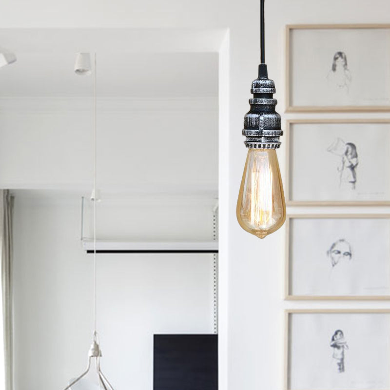 Industrial Stylish Open Bulb Ceiling Fixture 1 Head Metal Adjustable Hanging Lamp with Pipe in Black/Silver Clearhalo 'Art Deco Pendants' 'Black' 'Cast Iron' 'Ceiling Lights' 'Ceramic' 'Crystal' 'Industrial Pendants' 'Industrial' 'Metal' 'Middle Century Pendants' 'Pendant Lights' 'Pendants' 'Rustic Pendants' 'Tiffany' Lighting' 600027