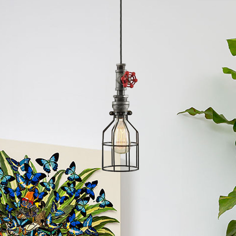 Antique Style Caged Pendant Lighting 1 Bulb Metal Hanging Lamp with Water Valve and Pipe in Grey Grey Clearhalo 'Art Deco Pendants' 'Cast Iron' 'Ceiling Lights' 'Ceramic' 'Crystal' 'Industrial Pendants' 'Industrial' 'Metal' 'Middle Century Pendants' 'Pendant Lights' 'Pendants' 'Tiffany' Lighting' 600191