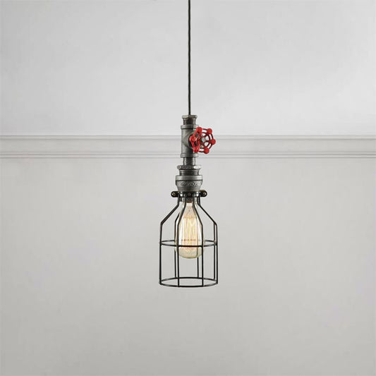 Antique Style Caged Pendant Lighting 1 Bulb Metal Hanging Lamp with Water Valve and Pipe in Grey Clearhalo 'Art Deco Pendants' 'Cast Iron' 'Ceiling Lights' 'Ceramic' 'Crystal' 'Industrial Pendants' 'Industrial' 'Metal' 'Middle Century Pendants' 'Pendant Lights' 'Pendants' 'Tiffany' Lighting' 600192