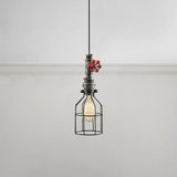 Antique Style Caged Pendant Lighting 1 Bulb Metal Hanging Lamp with Water Valve and Pipe in Grey Clearhalo 'Art Deco Pendants' 'Cast Iron' 'Ceiling Lights' 'Ceramic' 'Crystal' 'Industrial Pendants' 'Industrial' 'Metal' 'Middle Century Pendants' 'Pendant Lights' 'Pendants' 'Tiffany' Lighting' 600192