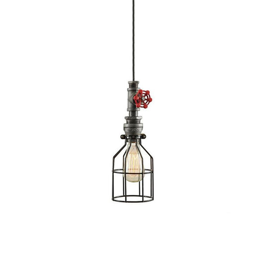 Antique Style Caged Pendant Lighting 1 Bulb Metal Hanging Lamp with Water Valve and Pipe in Grey Clearhalo 'Art Deco Pendants' 'Cast Iron' 'Ceiling Lights' 'Ceramic' 'Crystal' 'Industrial Pendants' 'Industrial' 'Metal' 'Middle Century Pendants' 'Pendant Lights' 'Pendants' 'Tiffany' Lighting' 600193