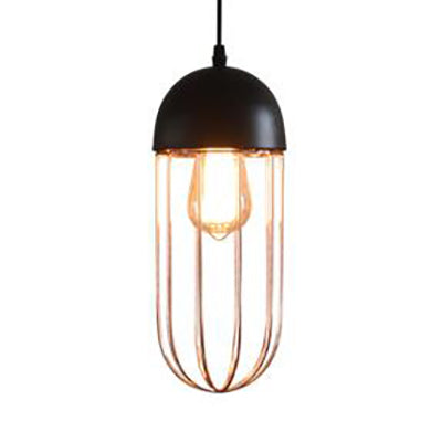 Retro Style Wire Cage Hanging Light with Cone/Oval/Barrel Shade 1 Light Metal Pendant Lamp in Black/White for Living Room Black Oval Clearhalo 'Ceiling Lights' 'Modern Pendants' 'Modern' 'Pendant Lights' 'Pendants' Lighting' 60024