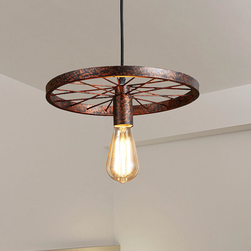 Vintage Bare Bulb Ceiling Light Fixture with Wheel Decoration 1 Light Wrought Iron Pendant Lamp in Blue/Yellow Rust Clearhalo 'Ceiling Lights' 'Pendant Lights' 'Pendants' Lighting' 600293_066bbf32-2841-4809-b63d-644039c2c80d