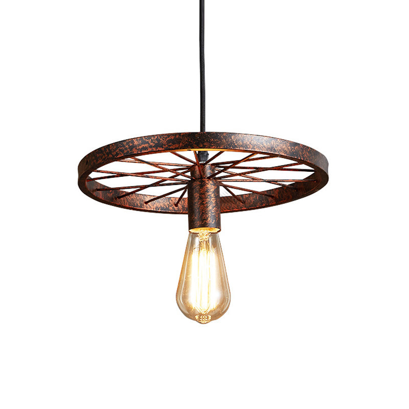 Vintage Bare Bulb Ceiling Light Fixture with Wheel Decoration 1 Light Wrought Iron Pendant Lamp in Blue/Yellow Clearhalo 'Ceiling Lights' 'Pendant Lights' 'Pendants' Lighting' 600296