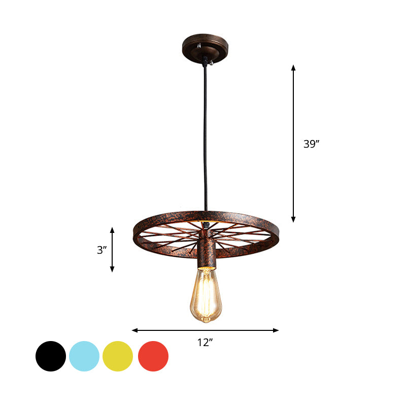 Vintage Bare Bulb Ceiling Light Fixture with Wheel Decoration 1 Light Wrought Iron Pendant Lamp in Blue/Yellow Clearhalo 'Ceiling Lights' 'Pendant Lights' 'Pendants' Lighting' 600297