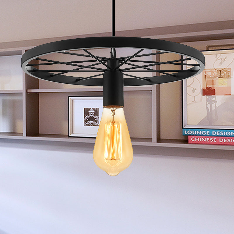 Vintage Bare Bulb Ceiling Light Fixture with Wheel Decoration 1 Light Wrought Iron Pendant Lamp in Blue/Yellow Black Clearhalo 'Ceiling Lights' 'Pendant Lights' 'Pendants' Lighting' 600298_c0d9eaf9-5e7c-4033-911e-1da9898f5881