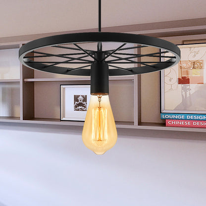 Vintage Bare Bulb Ceiling Light Fixture with Wheel Decoration 1 Light Wrought Iron Pendant Lamp in Blue/Yellow Black Clearhalo 'Ceiling Lights' 'Pendant Lights' 'Pendants' Lighting' 600298_c0d9eaf9-5e7c-4033-911e-1da9898f5881