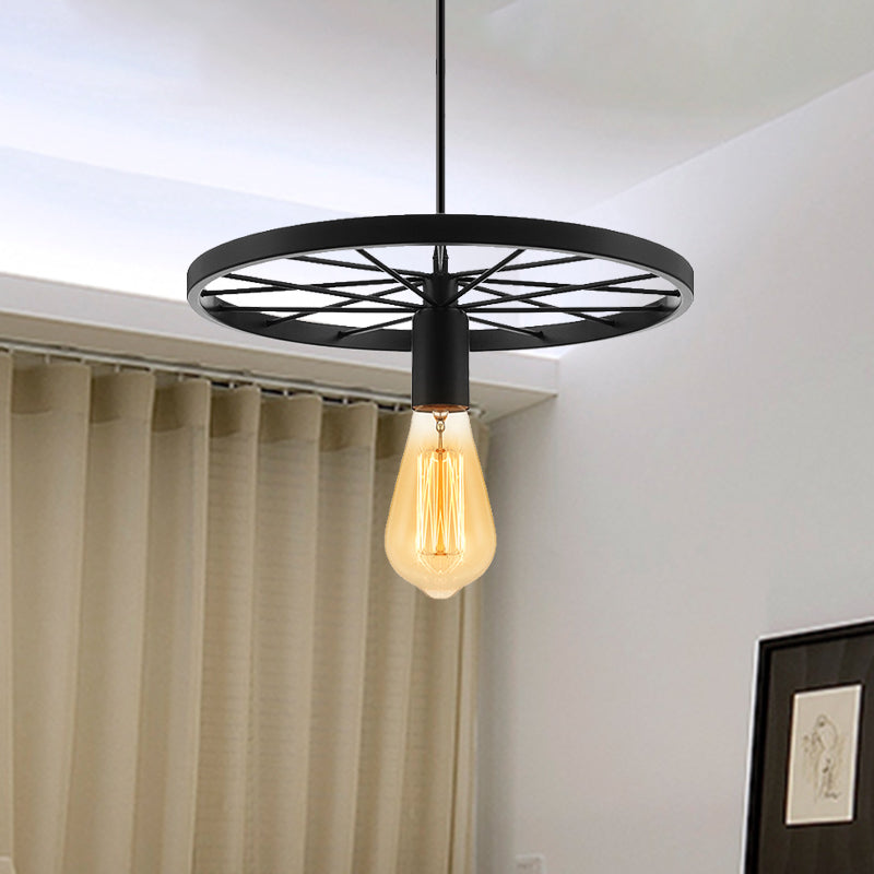 Vintage Bare Bulb Ceiling Light Fixture with Wheel Decoration 1 Light Wrought Iron Pendant Lamp in Blue/Yellow Clearhalo 'Ceiling Lights' 'Pendant Lights' 'Pendants' Lighting' 600300