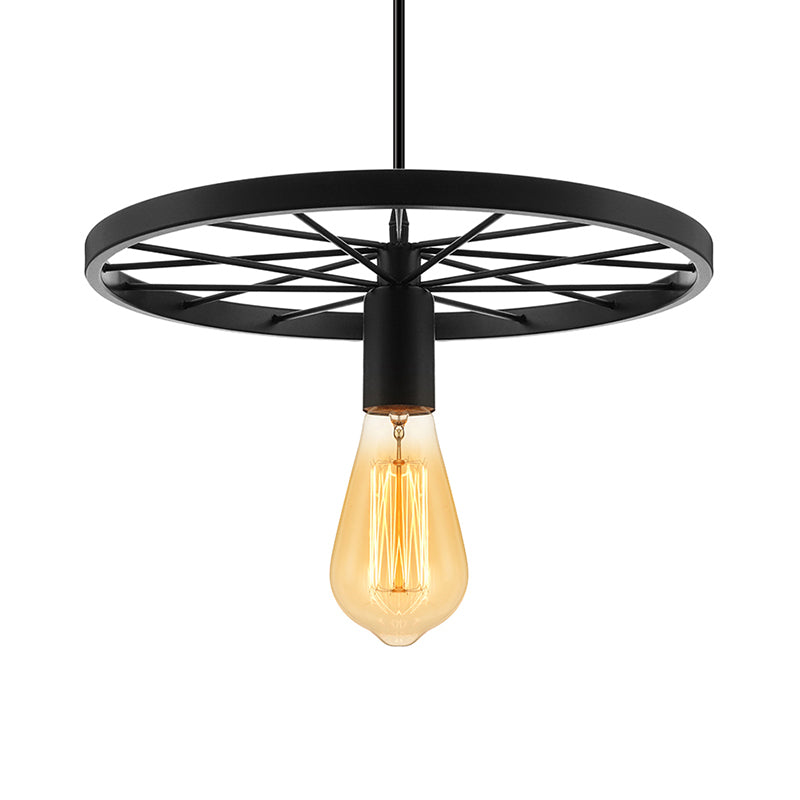 Vintage Bare Bulb Ceiling Light Fixture with Wheel Decoration 1 Light Wrought Iron Pendant Lamp in Blue/Yellow Clearhalo 'Ceiling Lights' 'Pendant Lights' 'Pendants' Lighting' 600301