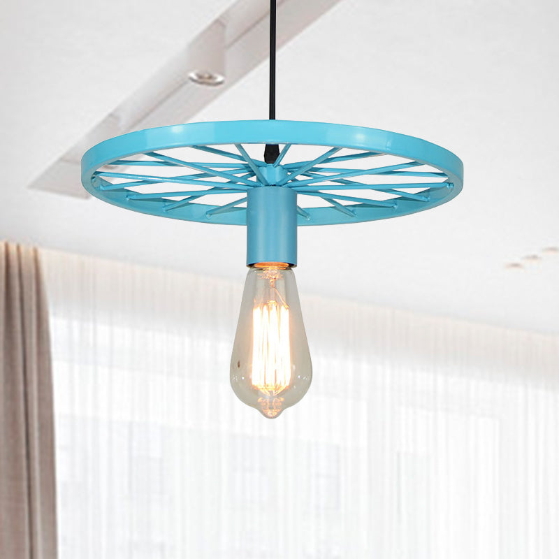 Vintage Bare Bulb Ceiling Light Fixture with Wheel Decoration 1 Light Wrought Iron Pendant Lamp in Blue/Yellow Blue Clearhalo 'Ceiling Lights' 'Pendant Lights' 'Pendants' Lighting' 600302_c4c0ffd7-e4ab-499a-a0b1-395887344b58
