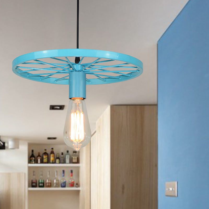 Vintage Bare Bulb Ceiling Light Fixture with Wheel Decoration 1 Light Wrought Iron Pendant Lamp in Blue/Yellow Clearhalo 'Ceiling Lights' 'Pendant Lights' 'Pendants' Lighting' 600303