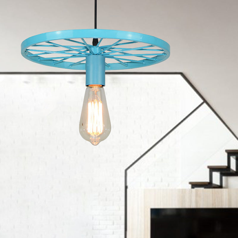 Vintage Bare Bulb Ceiling Light Fixture with Wheel Decoration 1 Light Wrought Iron Pendant Lamp in Blue/Yellow Clearhalo 'Ceiling Lights' 'Pendant Lights' 'Pendants' Lighting' 600304