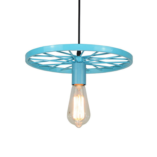 Vintage Bare Bulb Ceiling Light Fixture with Wheel Decoration 1 Light Wrought Iron Pendant Lamp in Blue/Yellow Clearhalo 'Ceiling Lights' 'Pendant Lights' 'Pendants' Lighting' 600305