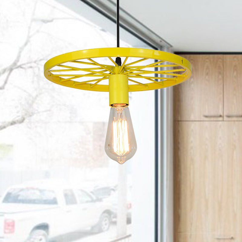 Vintage Bare Bulb Ceiling Light Fixture with Wheel Decoration 1 Light Wrought Iron Pendant Lamp in Blue/Yellow Clearhalo 'Ceiling Lights' 'Pendant Lights' 'Pendants' Lighting' 600307