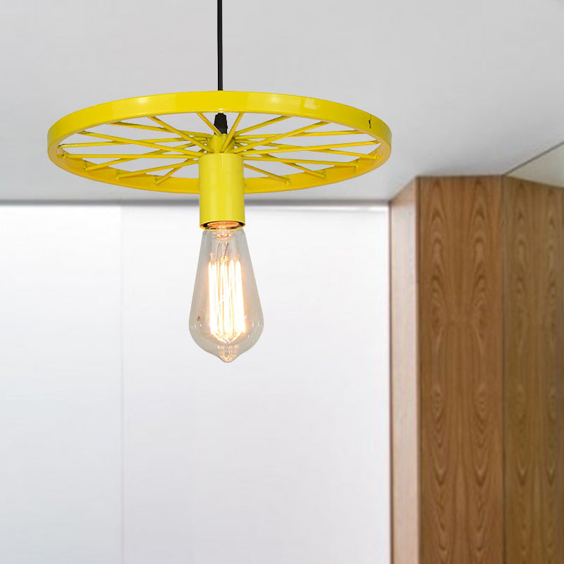 Vintage Bare Bulb Ceiling Light Fixture with Wheel Decoration 1 Light Wrought Iron Pendant Lamp in Blue/Yellow Clearhalo 'Ceiling Lights' 'Pendant Lights' 'Pendants' Lighting' 600308