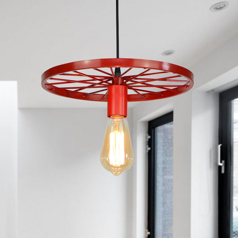 Vintage Bare Bulb Ceiling Light Fixture with Wheel Decoration 1 Light Wrought Iron Pendant Lamp in Blue/Yellow Red Clearhalo 'Ceiling Lights' 'Pendant Lights' 'Pendants' Lighting' 600310_10c6169f-bbda-49cd-a402-03941a947777
