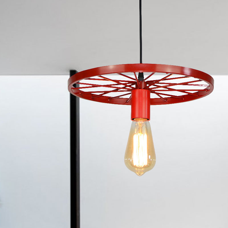 Vintage Bare Bulb Ceiling Light Fixture with Wheel Decoration 1 Light Wrought Iron Pendant Lamp in Blue/Yellow Clearhalo 'Ceiling Lights' 'Pendant Lights' 'Pendants' Lighting' 600311