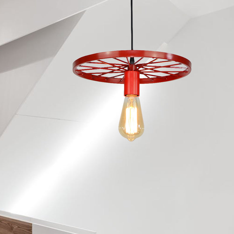 Vintage Bare Bulb Ceiling Light Fixture with Wheel Decoration 1 Light Wrought Iron Pendant Lamp in Blue/Yellow Clearhalo 'Ceiling Lights' 'Pendant Lights' 'Pendants' Lighting' 600312